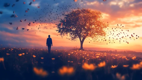 Solitary figure walks toward glowing tree at dreamlike sunset
