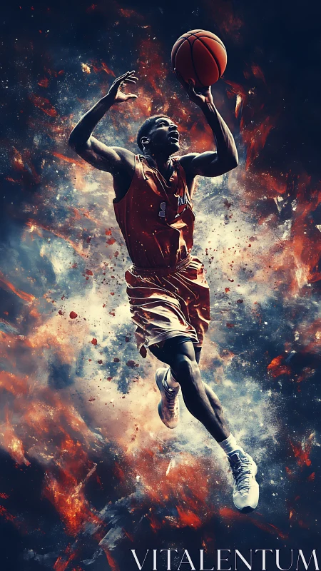 Soaring basketball player racing through fiery cosmic energy.