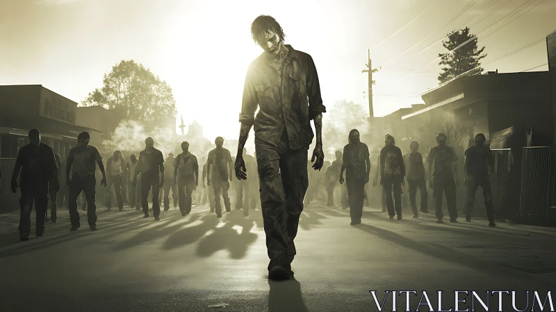 Backlit urban zombie horde advancing in desaturated haze.