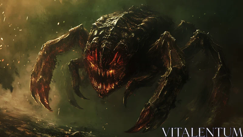 Volcanic-chitin predator emerging through particulate gloom.