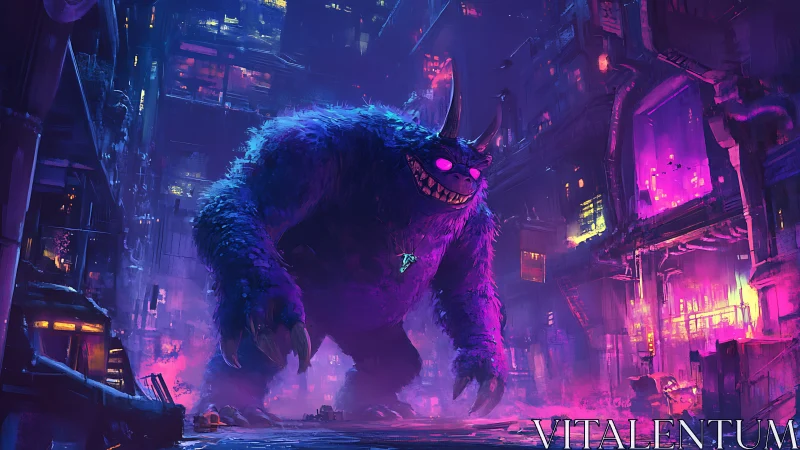 Neon horned monster storms a cyberpunk alley in glowing chaos