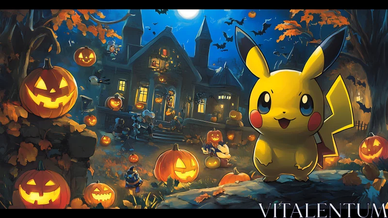 Pikachu stands in front of Halloween pumpkins and haunted house