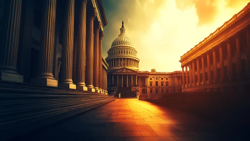 Golden light pours across grand domed government halls