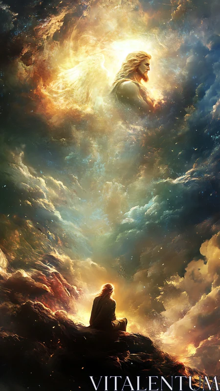 Cloudborne supplicant listens while a blazing seraph dreams above