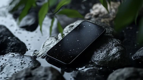 Sleek smartphone rests on wet river stones after rainfall