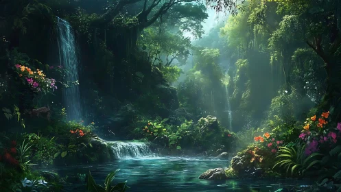 Lush rainforest pool with cascading waterfalls and volumetric light