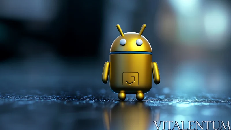 Gold robot figurine stands on reflective wet blue surface