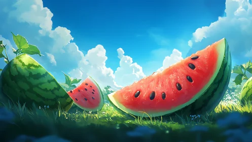 Sunlit watermelon slices glow softly under a bright blue sky