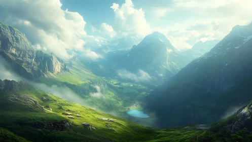 Sunlit alpine valley with misty mountains and lake panorama.