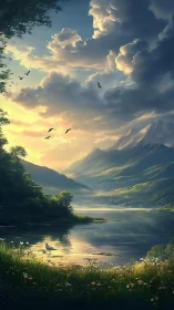 Sunlit mountain valley lake with dramatic cloud formations.