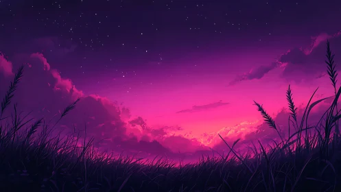 Neon dusk meadow under starry violet twilight sky.
