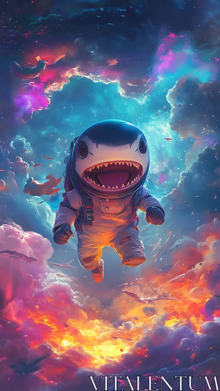 Cosmic sharkonaut dives through nebula fire and candy clouds.