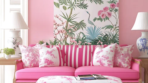 Pink salon daydream with tropical blooms and crane whispers.