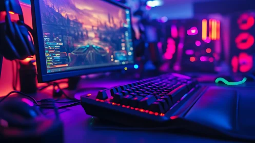 RGB-lit gaming workstation with mechanical keyboard focus.