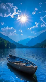 Sunlit wooden boat drifts on tranquil blue mountain lake.