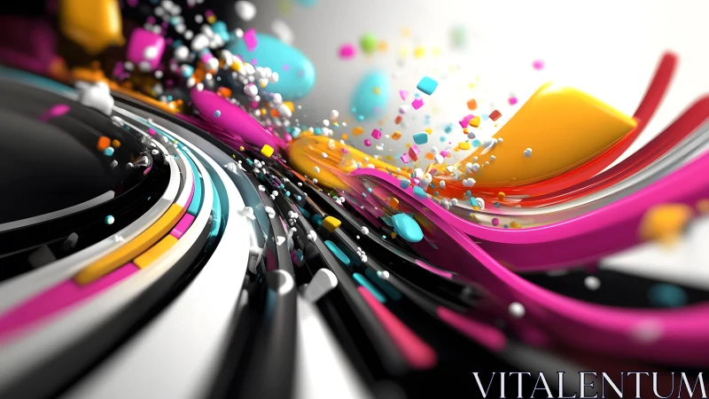 Dynamic Abstract 3D Swirls with Colorful Splashes and Energy.