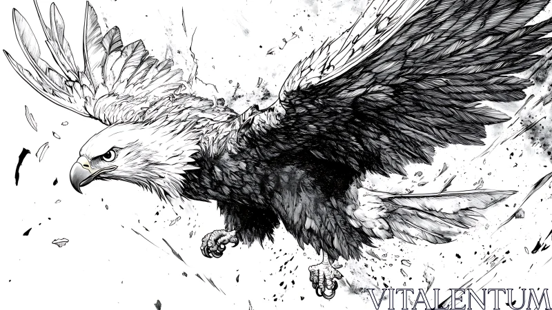 Dynamic ink drawing of a soaring eagle with intense movement.