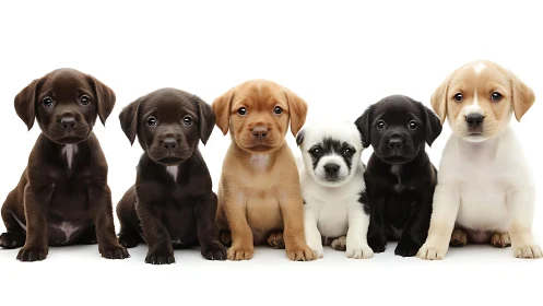 Symmetrical lineup of six mixed-coat puppies in frontal pose