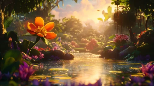 Sunlit lily lagoon where glowing petals greet the day.