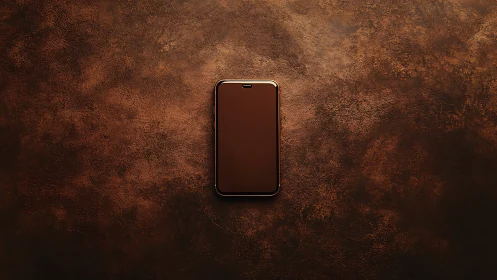 Modern smartphone centered on textured brown surface.