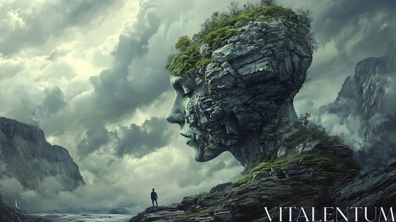 Colossal stone head landscape with lone human figure.