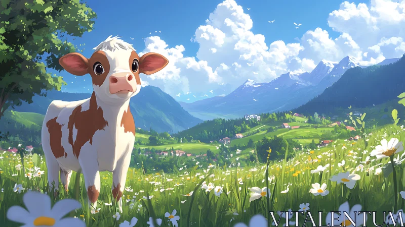 Curious calf exploring a sunlit wildflower mountain meadow.