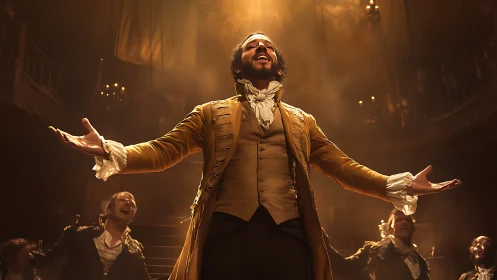 Triumphant stage actor spreads arms under warm spotlight