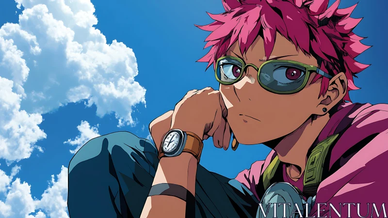 Pink haired anime character with goggles under blue sky.