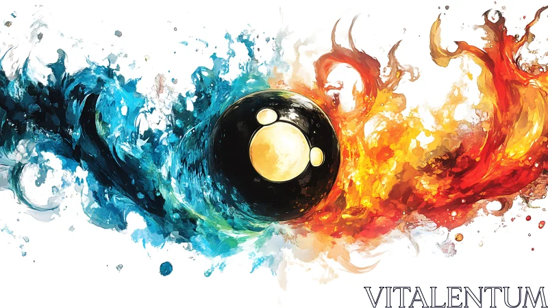 Fire and water swirl around a glowing orb in lively balance