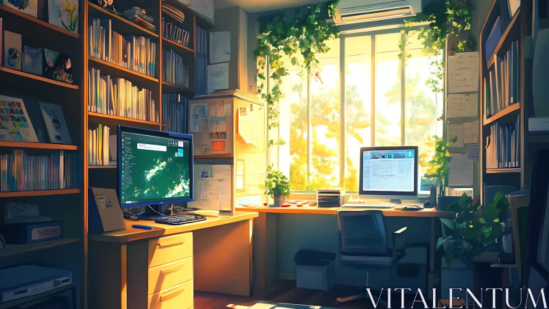 Sunlit research studio where books, screens and vines converse.