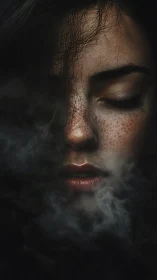 Freckled face in shadowed haze evokes quiet inner emotion