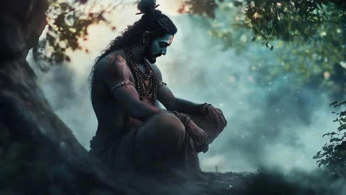 Seated ascetic figure under forest canopy in diffuse light.