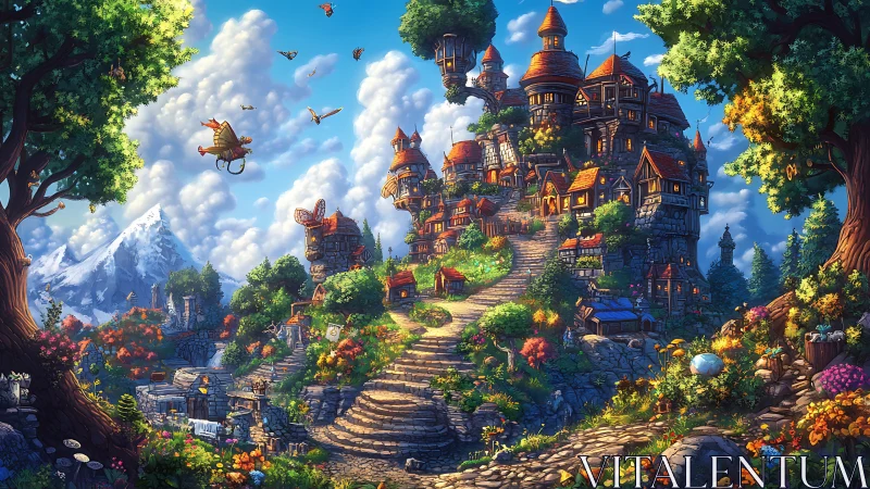 Sunlit fantasy hillside village with winding stone path.