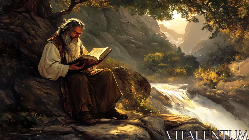 Elderly sage studies illuminated manuscript beside river