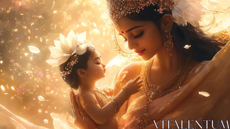Lotus-lit mother and child trade quiet blessings in gold light