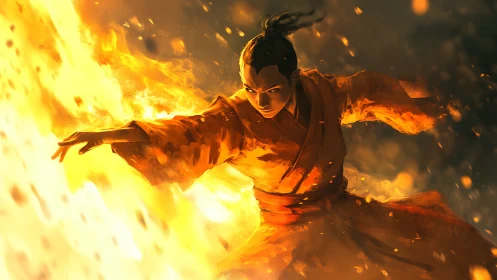 Fire dancer warrior commands blazing cinematic inferno