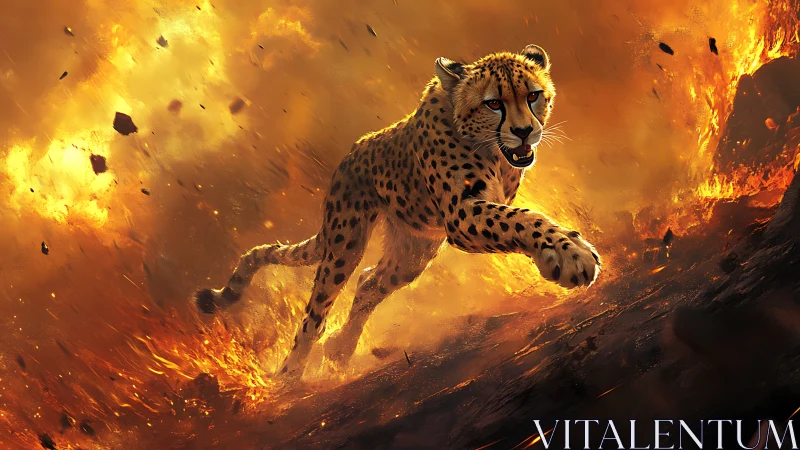 Cheetah Traversing Fiery Landscape Against Inferno