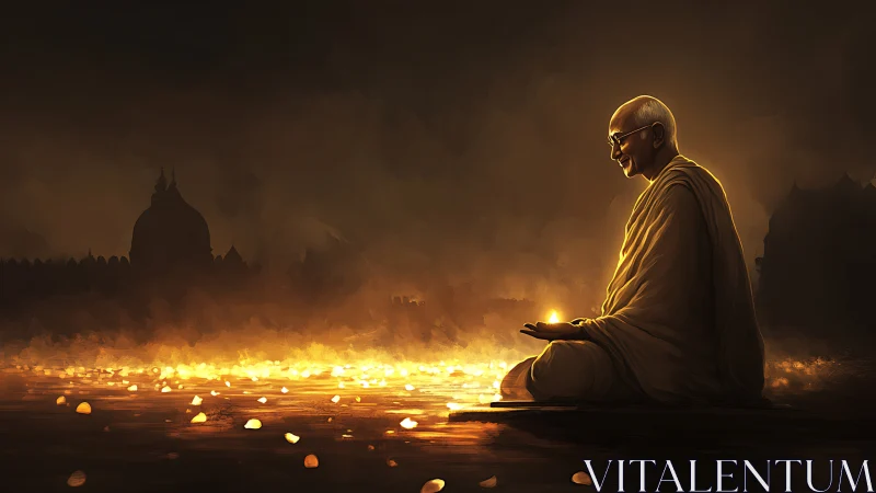 Monk holds glowing light above river of floating embers.
