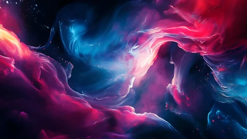 Nebulous crimson and cyan vortex in cosmic fluid motion.