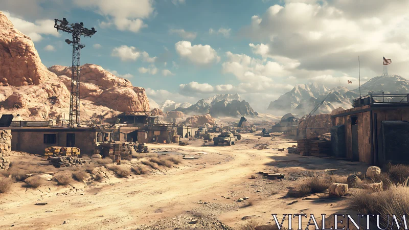 Desert military outpost with rugged mountains in distance.