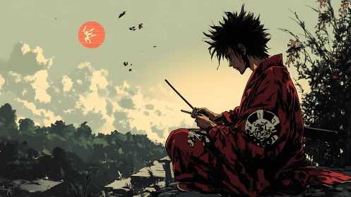 Solitary samurai in red robe under rising warrior sun.