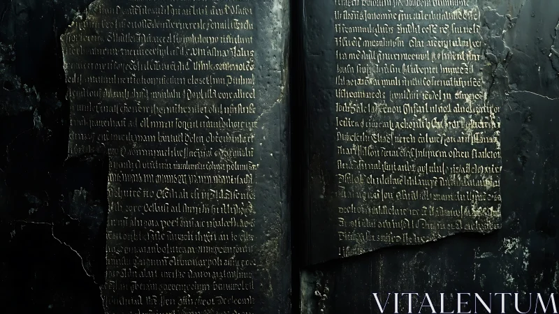 Gothic script etched on weathered metallic panels