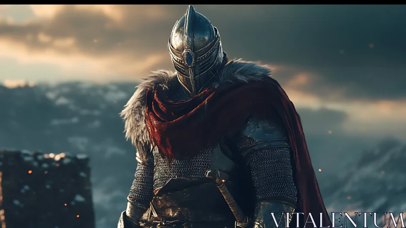 Armored knight stands resolute beneath a stormy sky.