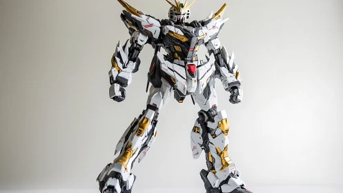 White mecha model with gold armor accents on neutral backdrop.
