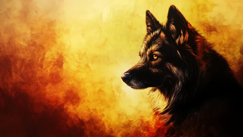 Profile study of wolf against textured warm gradient field.