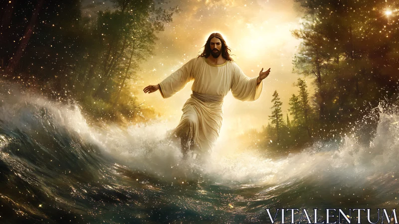 Figure in white robe walking on waves under radiant sky.