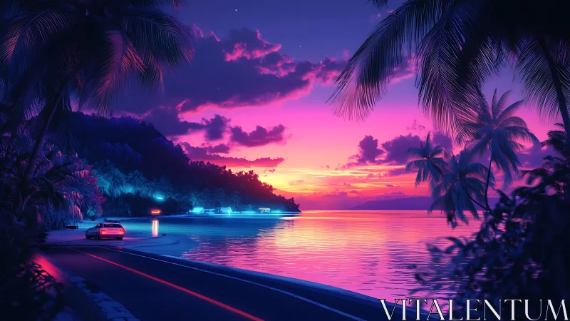 Neon twilight coastline glows under a vivid tropical sunset.
