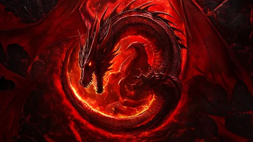 Infernal serpentine dragon ouroboros in molten lava ring