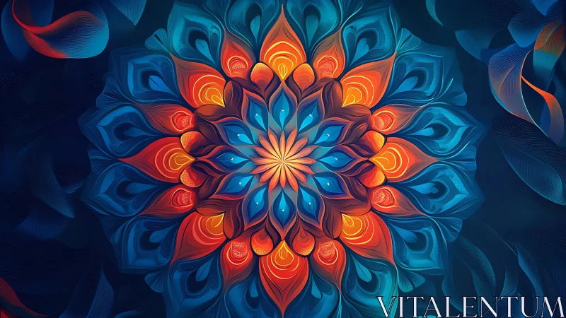 Mandala of ember petals quietly blooms through midnight blue