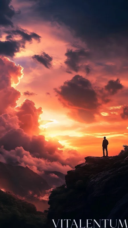 Sunset wanderer pausing on a cliff edge in glowing clouds.